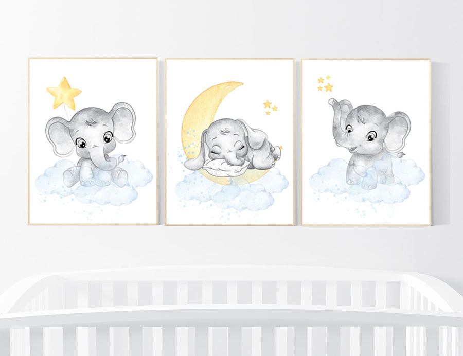 Nursery decor gender neutral, nursery wall art elephant, elephant nursery, blue and yellow, moon, cloud, stars, baby room decor, neutral