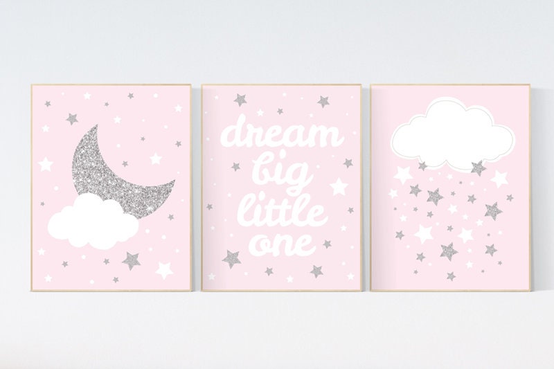 Pink silver nursery decor, nursery wall art girl, pink and silver nursery art, cloud and stars, baby room prints, baby room art girl