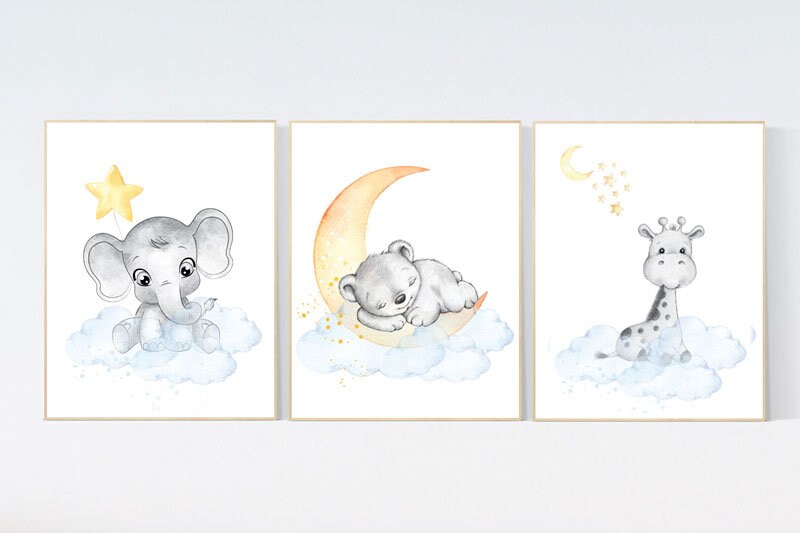 Nursery prints animals, nursery decor animals, gender neutral nursery ideas, yellow blue, elephant and giraffe, bear, twin nursery, woodland