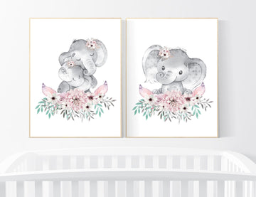 Nursery decor girl boho, elephant nursery wall art, nursery decor girl floral, nursery decor girl woodland, floral nursery, boho nursery