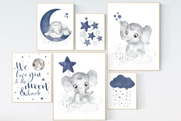 Elephant nursery wall art, navy blue nursery wall art, cloud, stars, navy nursery, boy nursery wall art, we love you to the moon and back