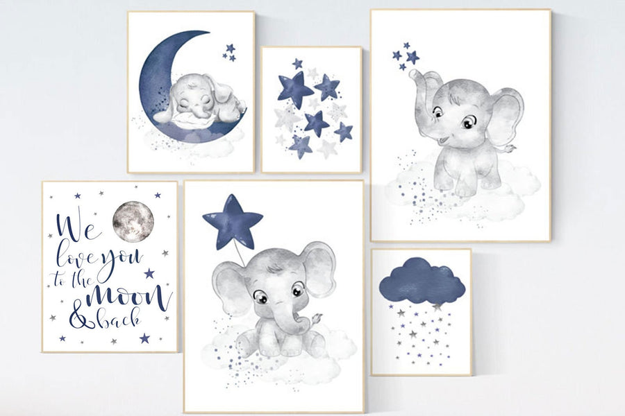 Elephant nursery wall art, navy blue nursery wall art, cloud, stars, navy nursery, boy nursery wall art, we love you to the moon and back