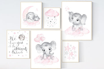 Nursery wall art elephant, pink grey, nursery decor girl pink, nursery prints girl, nursery girl decor ideas, elephant nursery nursery art