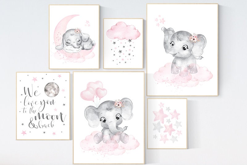 Nursery prints girl pink and grey, nursery girl decor ideas, flower nursery, we love you to the moon and back, Nursery wall art, pink grey