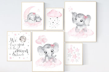 Nursery wall art girl elephant, pink grey, nursery decor girl pink, we love you to the moon and back, moon and stars, baby room decor girl