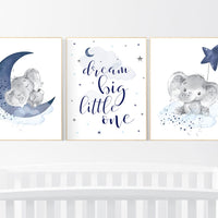 Navy nursery decor, moon and stars, navy blue nursery art. baby room wall art, boy nursery decor, set of 3, nursery prints boy, elephant art