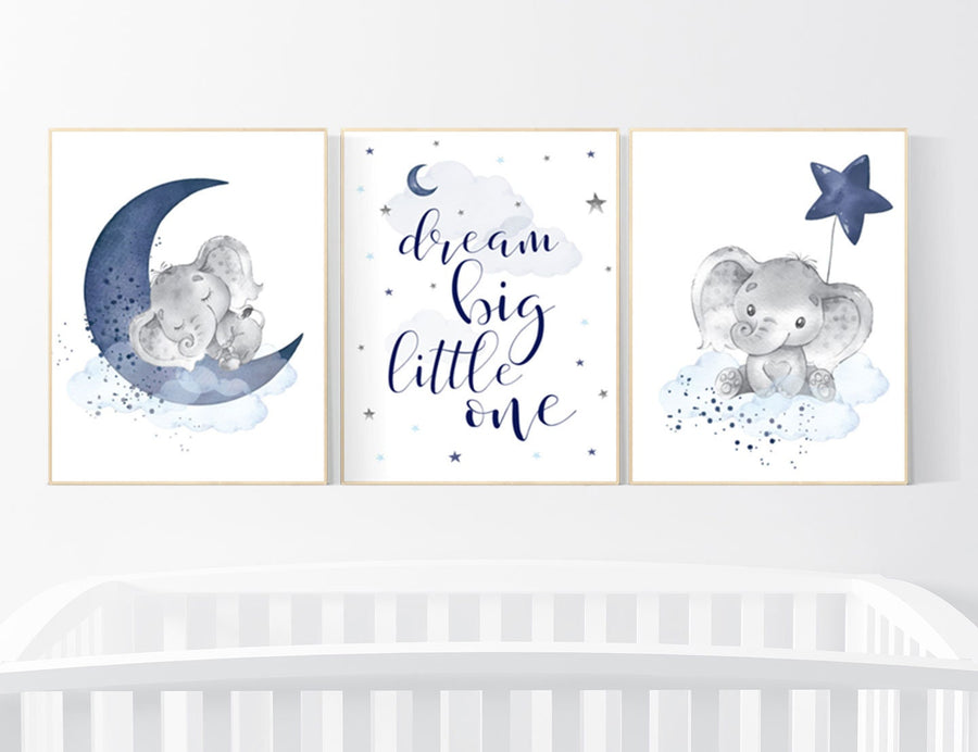 Navy nursery decor, moon and stars, navy blue nursery art. baby room wall art, boy nursery decor, set of 3, nursery prints boy, elephant art