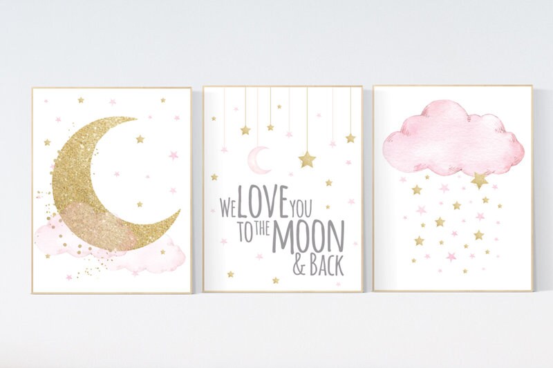 Nursery wall art girl , gold and pink, cloud, moon, stars, girl nursery ideas, nursery wall art, we love you to the moon and back,