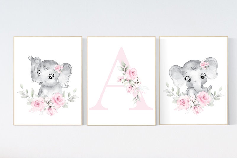 Nursery wall art elephant, nursery decor girl flower, nursery decor girl floral, Boho baby room, pink nursery decor, flower baby room