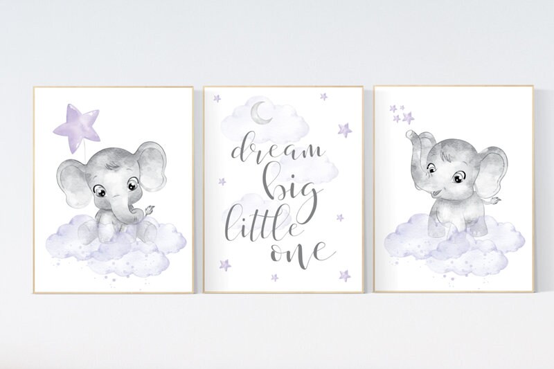 Nursery prints girl, Nursery decor girl purple, nursery decor elephant girl, moon and stars, lavender, girl nursery ideas, lilac nursery