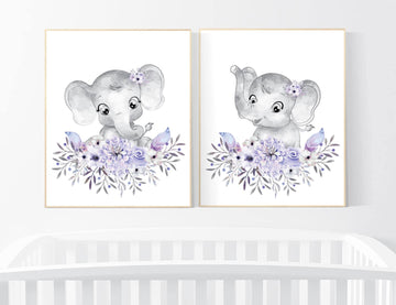 Nursery wall art elephant, nursery decor girl purple, nursery decor girl floral, lilac nursery decor lavender, Boho baby room, lilac nursery