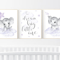 Nursery prints girl, Nursery decor girl purple, nursery decor elephant girl, moon and stars, lavender, girl nursery ideas, lilac nursery