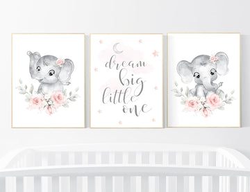 Nursery decor girl flower, blush, elephant nursery wall art, nursery decor girl floral, nursery decor girl woodland, floral nursery, boho