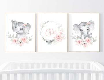 Nursery decor girl flower, blush, elephant nursery wall art, nursery decor girl floral, nursery decor girl woodland, floral nursery, boho