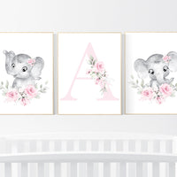 Nursery wall art elephant, nursery decor girl flower, nursery decor girl floral, Boho baby room, pink nursery decor, flower baby room