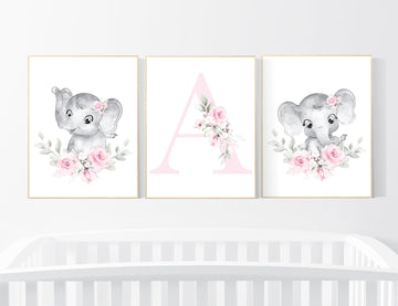 Nursery wall art elephant, nursery decor girl flower, nursery decor girl floral, Boho baby room, pink nursery decor, flower baby room