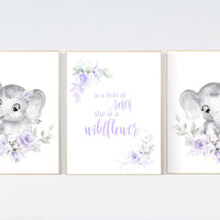 Purple nursery, Boho baby room, nursery wall art elephant, nursery decor girl, nursery decor girl floral, lilac nursery decor, lavender
