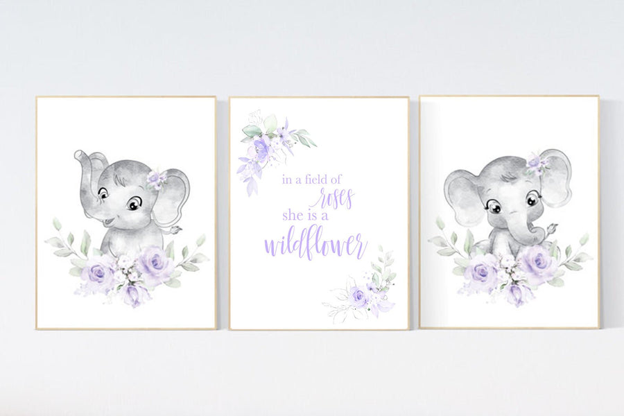 Purple nursery, Boho baby room, nursery wall art elephant, nursery decor girl, nursery decor girl floral, lilac nursery decor, lavender