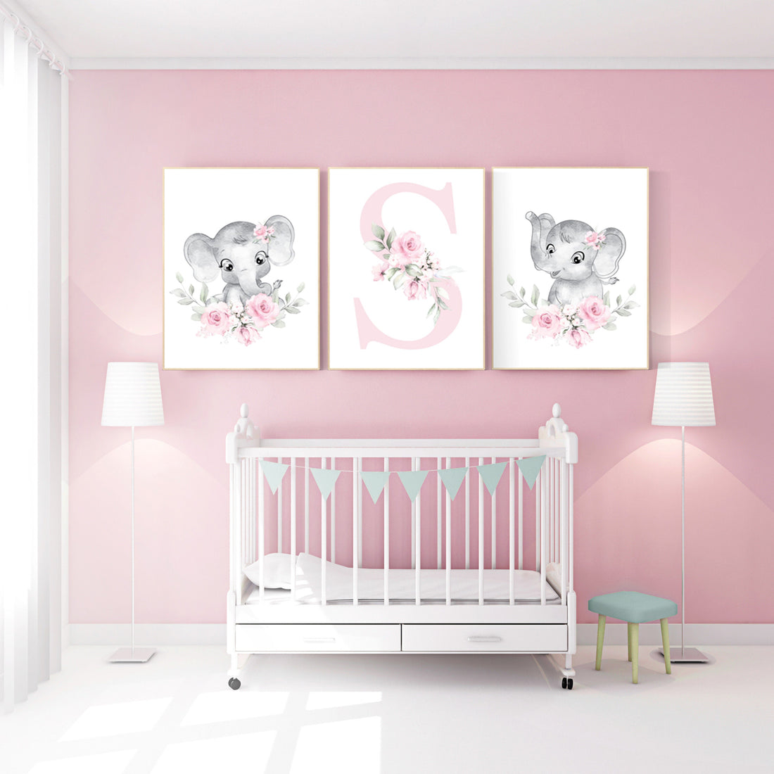 Nursery decor girl elephant, nursery decor girl flower, nursery decor girl floral, Boho baby room, pink nursery decor, flower baby room
