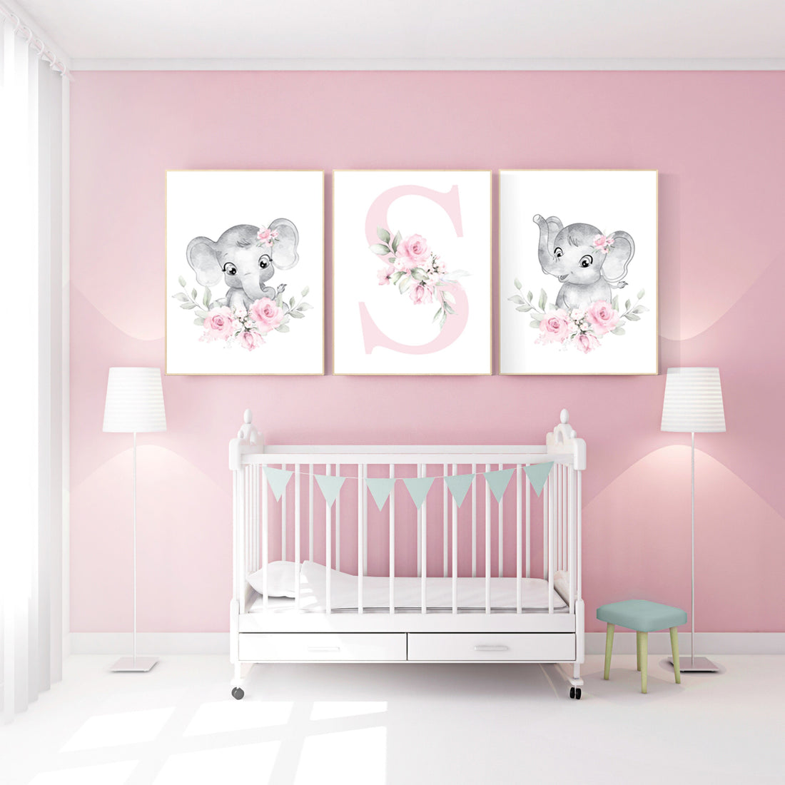 Elephant Nursery Print: Pink Floral Boho Baby Room Decor