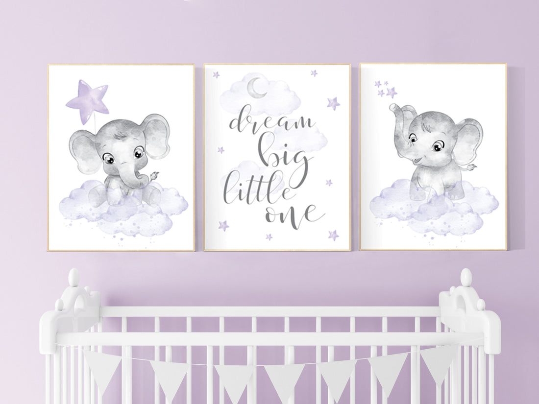 Nursery prints girl, Nursery decor girl purple, nursery decor elephant girl, moon and stars, lavender, girl nursery ideas, lilac nursery