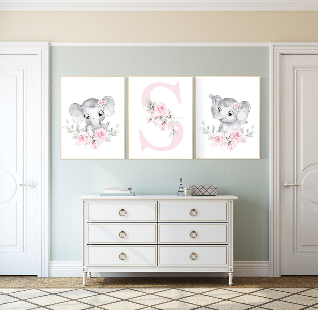 Elephant Nursery Print: Pink Floral Boho Baby Room Decor