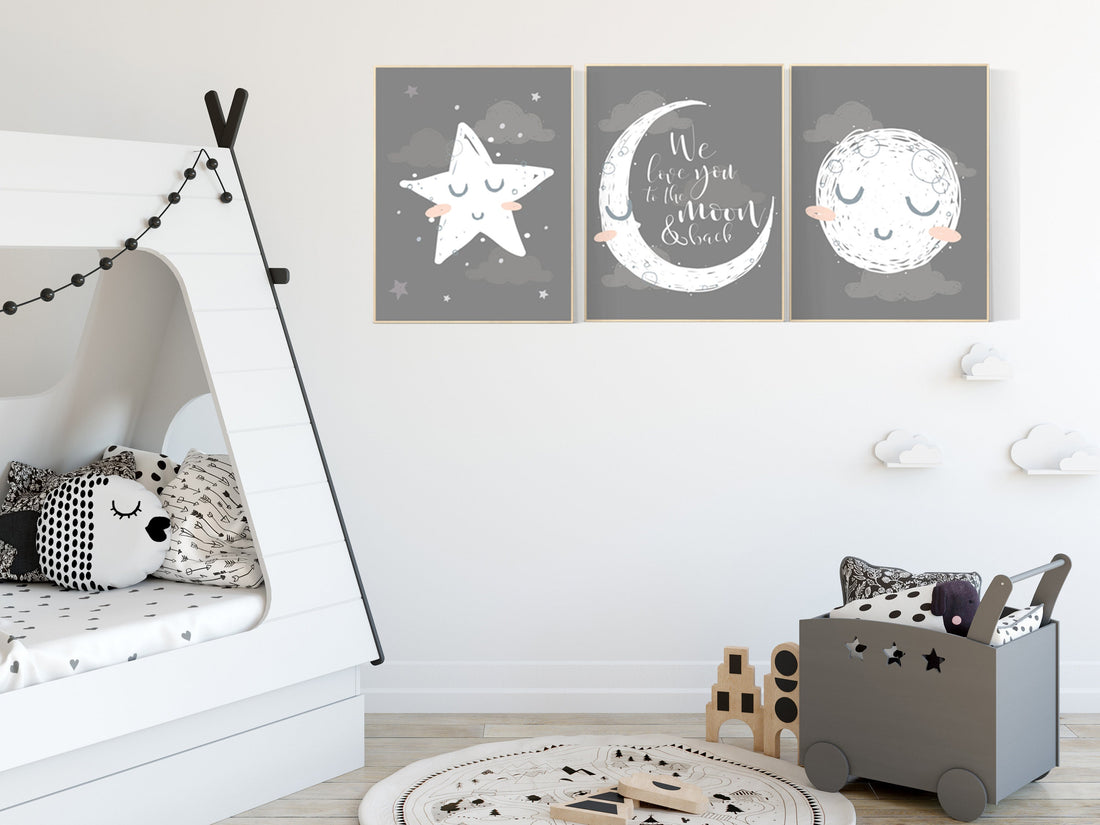 Nursery wall art grey, gray nursery, nursery decor neutral, baby room decor gender neutral, moon and stars, grey nursery decor baby room art