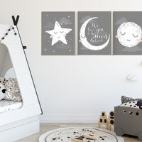 Nursery wall art grey, gray nursery, nursery decor neutral, baby room decor gender neutral, moon and stars, grey nursery decor baby room art