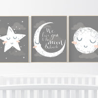 Nursery wall art grey, gray nursery, nursery decor neutral, baby room decor gender neutral, moon and stars, grey nursery decor baby room art