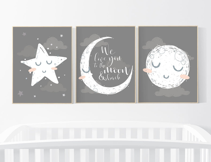 Nursery wall art grey, gray nursery, nursery decor neutral, baby room decor gender neutral, moon and stars, grey nursery decor baby room art