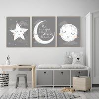 Nursery wall art grey, gray nursery, nursery decor neutral, baby room decor gender neutral, moon and stars, grey nursery decor baby room art