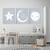 Nursery wall art grey, gray nursery, nursery decor neutral, baby room decor gender neutral, moon and stars, grey nursery decor baby room art