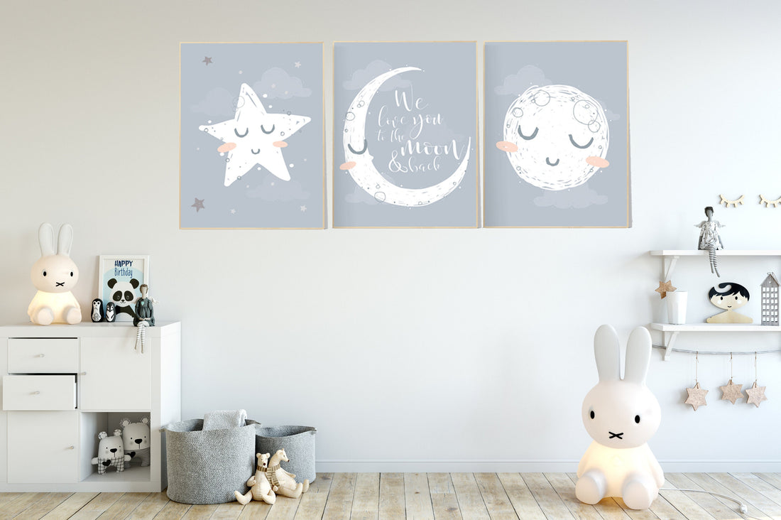 Nursery wall art grey, gray nursery, nursery decor neutral, baby room decor gender neutral, moon and stars, grey nursery decor baby room art