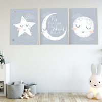 Nursery wall art grey, gray nursery, nursery decor neutral, baby room decor gender neutral, moon and stars, grey nursery decor baby room art