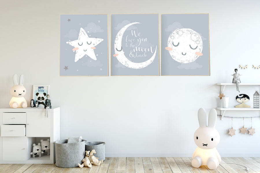 Nursery wall art grey, gray nursery, nursery decor neutral, baby room decor gender neutral, moon and stars, grey nursery decor baby room art