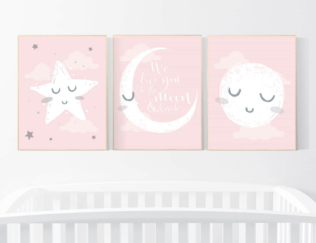 Nursery decor girl, nursery wall art pink and grey, moon star, cloud, nursery wall art girl, girl nursery print, nursery decor girl print