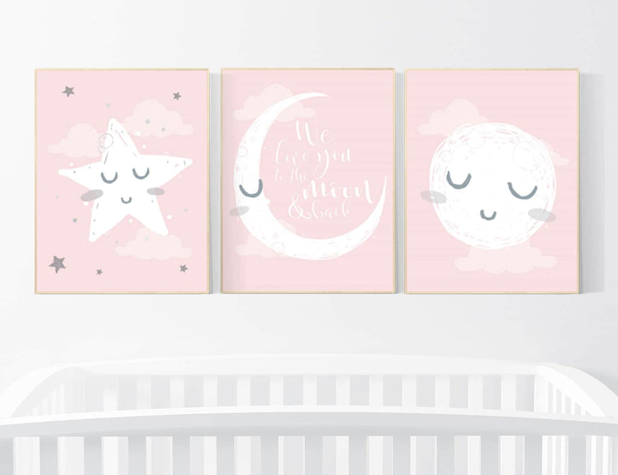 Nursery decor girl, nursery wall art pink and grey, moon star, cloud, nursery wall art girl, girl nursery print, nursery decor girl print