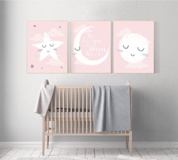 Nursery decor girl, nursery wall art pink and grey, moon star, cloud, nursery wall art girl, girl nursery print, nursery decor girl print