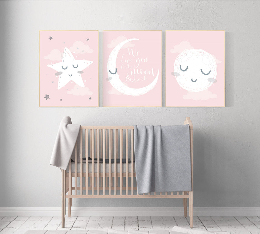 Nursery decor girl, nursery wall art pink and grey, moon star, cloud, nursery wall art girl, girl nursery print, nursery decor girl print