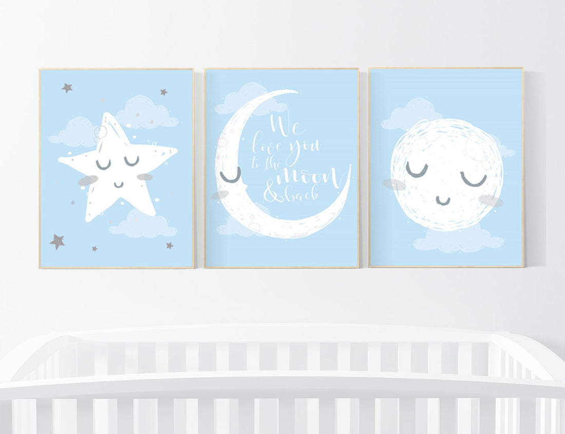 Nursery wall art blue and grey, blue gray nursery, nursery decor boy, baby room decor, moon and stars, boys room decor, nursery prints