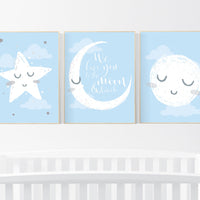 Nursery wall art blue and grey, blue gray nursery, nursery decor boy, baby room decor, moon and stars, boys room decor, nursery prints