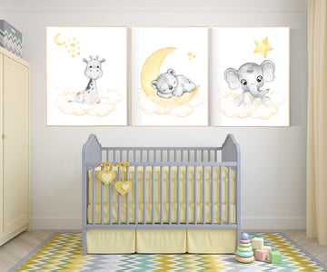 Nursery decor yellow grey, gender neutral nursery wall art, elephant, giraffe, bear, yellow gray, grey, yellow nursery, animal prints