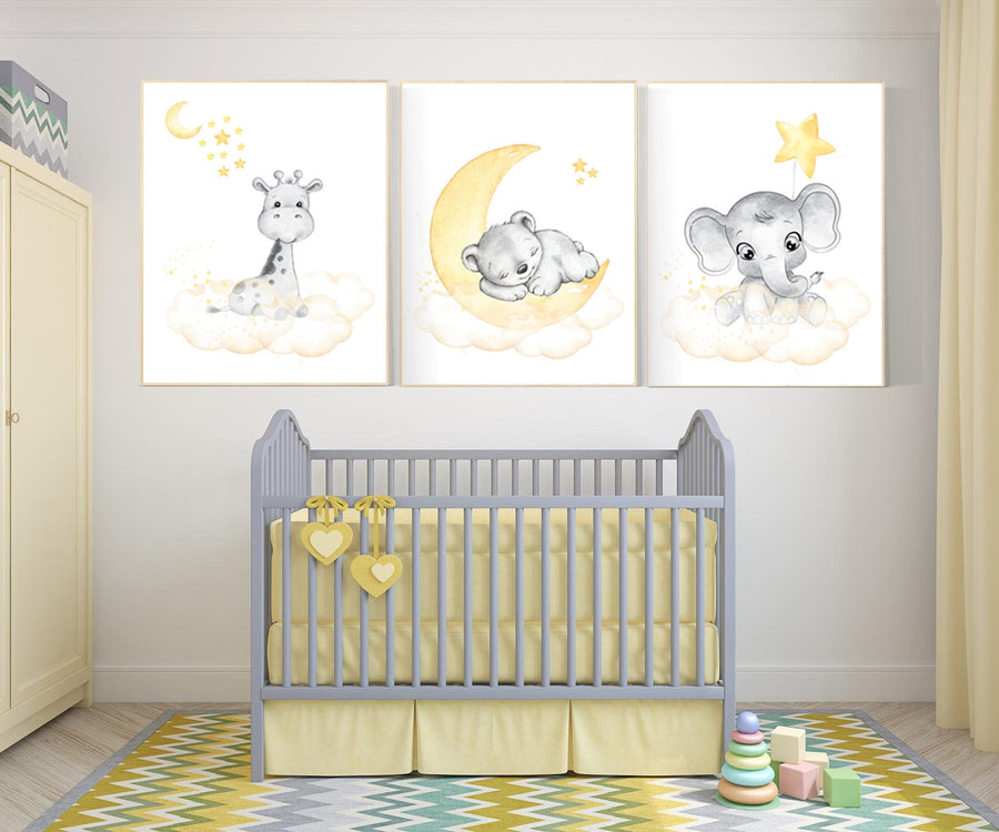 Nursery decor yellow grey, gender neutral nursery wall art, elephant, giraffe, bear, yellow gray, grey, yellow nursery, animal prints
