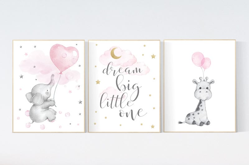 Baby room decor, Nursery wall art girl elephant, pink and gray, nursery decor elephant nursery, dream big little one, cloud and stars