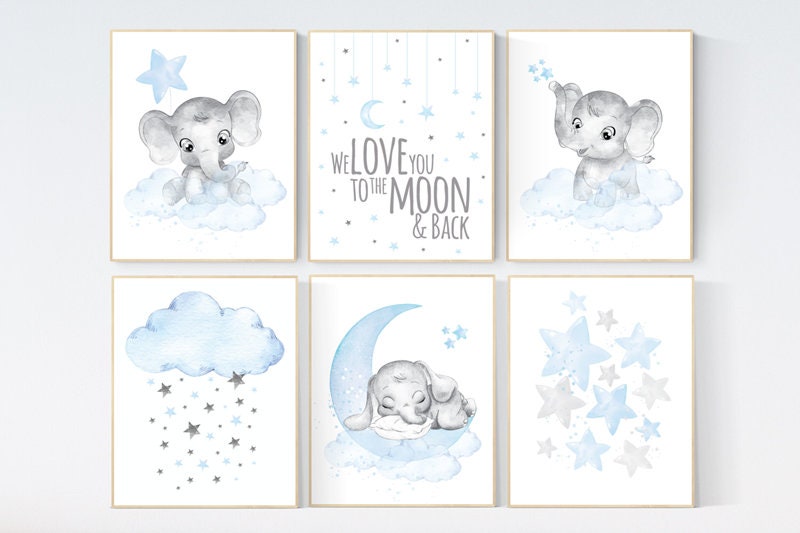 Nursery wall art boy, animal prints, elephant, moon, stars, cloud, nursery wall art, elephant nursery art, boy nursery ideas, animal art