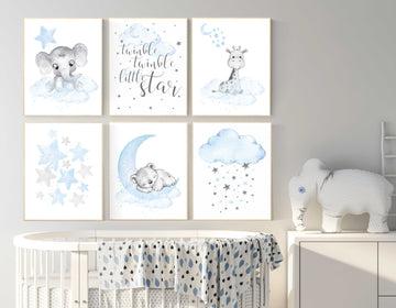 Nursery wall art bear, giraffe, elephant, animal prints, Animal nursery wall art, bear decor for nursery, blue grey elephant, boys nursery