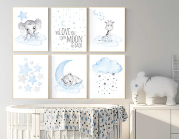Nursery wall art bear, giraffe, elephant, animal prints, Animal nursery wall art, we love you to the moon and back, blue grey elephant
