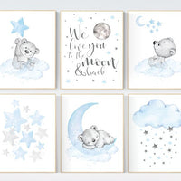 Nursery wall art bear, boys nursery prints. nursery decor boy ideas, nursery art ideas, baby blue, grey, nursery wall art, sky, moon, stars