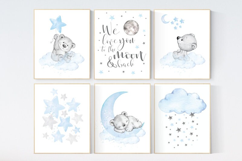 Nursery wall art bear, boys nursery prints. nursery decor boy ideas, nursery art ideas, baby blue, grey, nursery wall art, sky, moon, stars