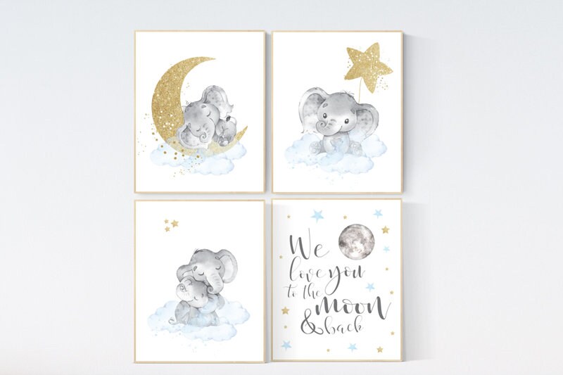 Nursery decor boy elephant, blue and gold nursery, we love you to the moon and back, blue nursery wall art, cloud and stars, boy nursery